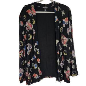 VTG Made in Heaven Black Slinky Stretch Blouse Women's 2X Pots Palm Trees Oasis